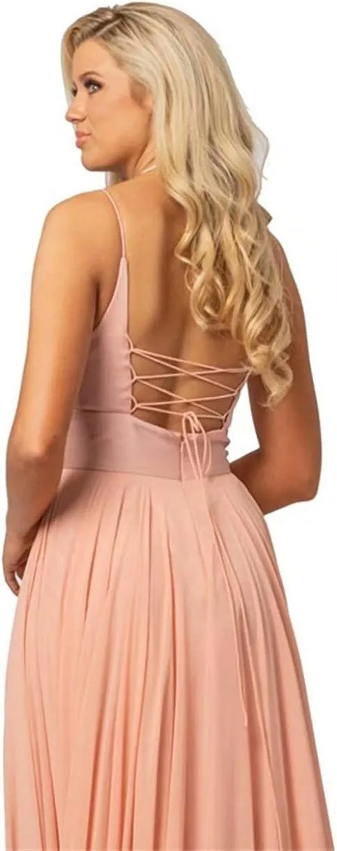 Deep V Neck Prom Maxi Evening Formal Gowns Slit Chiffon Juniors Bridesmaid Dresses for Women