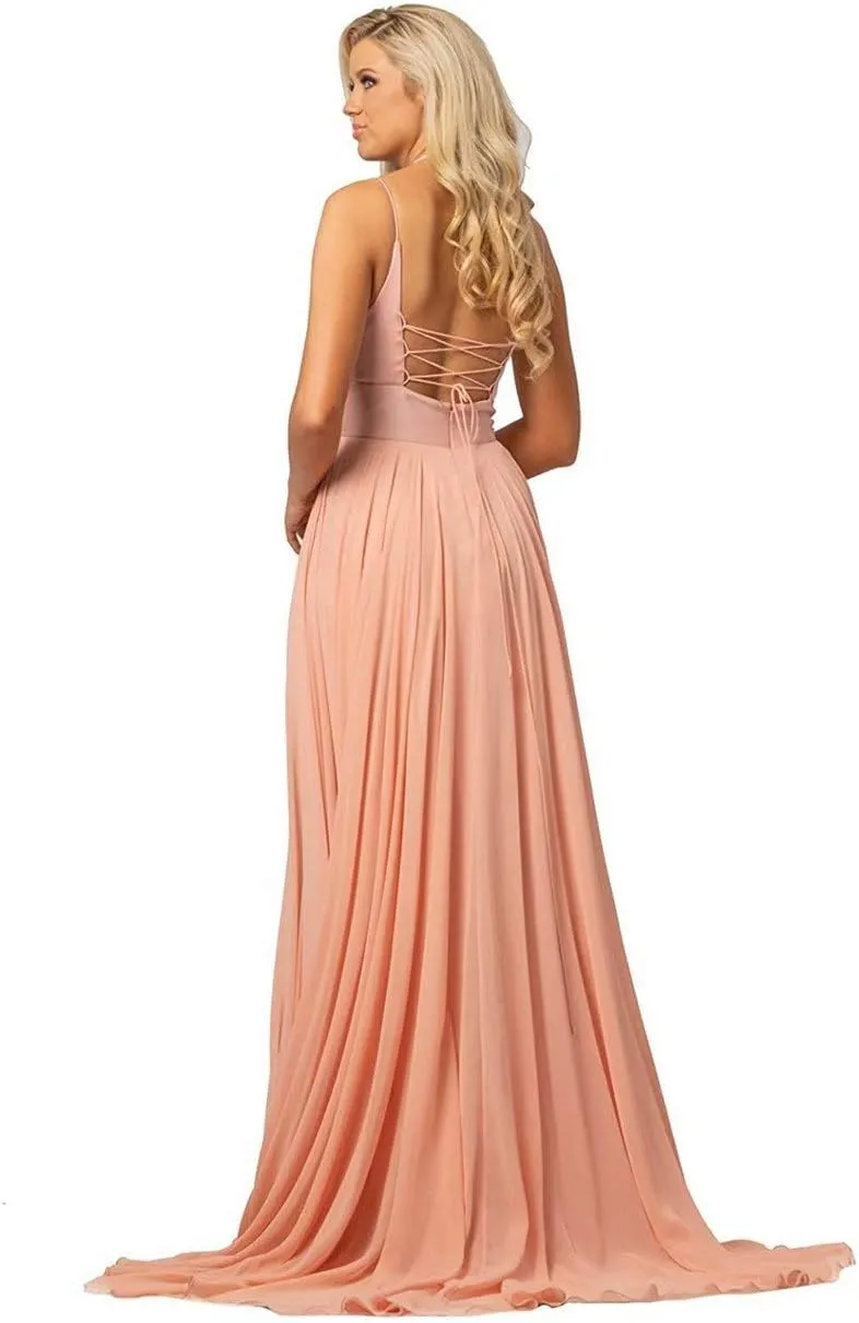 Deep V Neck Prom Maxi Evening Formal Gowns Slit Chiffon Juniors Bridesmaid Dresses for Women