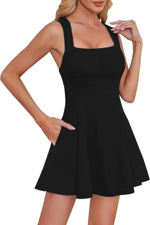 Denim Dress for Women Square Neck Jean Dress with Pockets