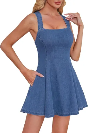 Denim Dress for Women Square Neck Jean Dress with Pockets