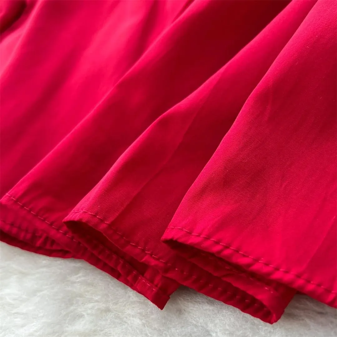 Dndrdhfb Women's Casual Pleated A-Line Skirt High Waist Short Sleeve Tie Midi Dress