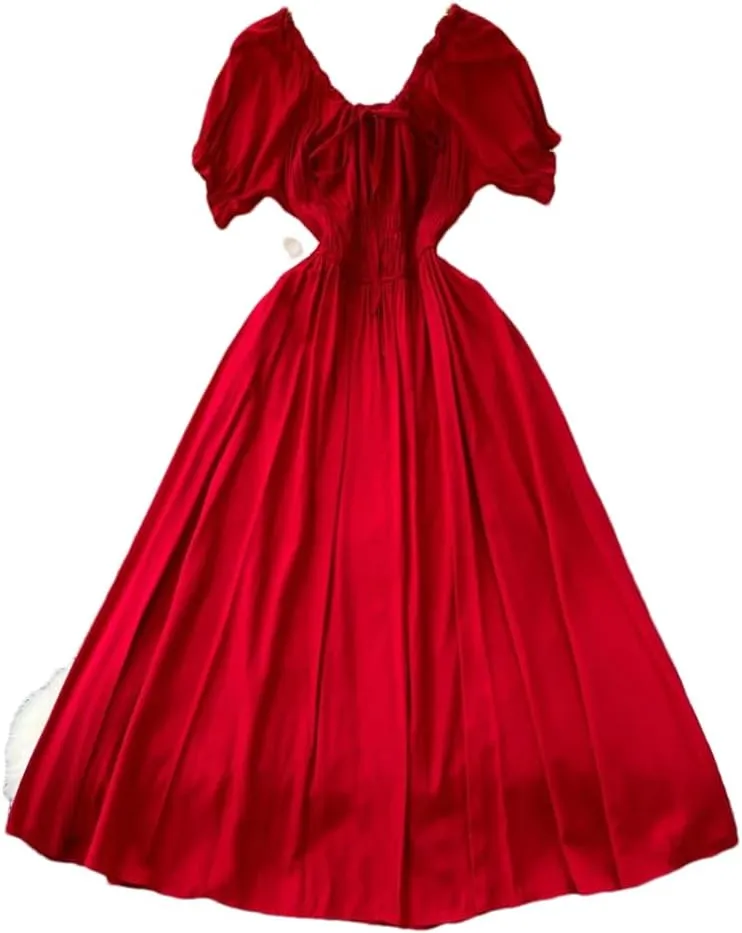 Dndrdhfb Women's Casual Pleated A-Line Skirt High Waist Short Sleeve Tie Midi Dress