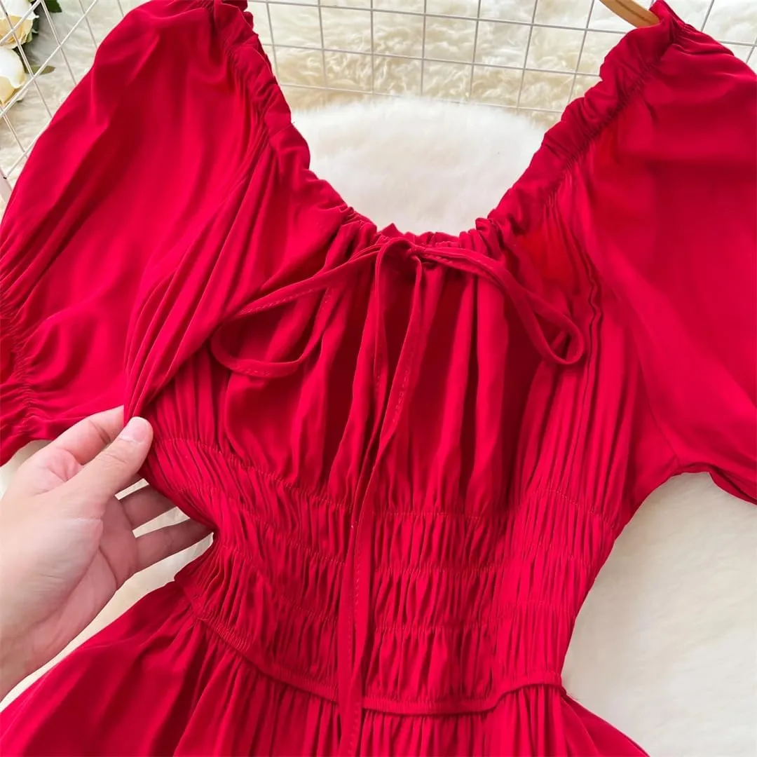 Dndrdhfb Women's Casual Pleated A-Line Skirt High Waist Short Sleeve Tie Midi Dress