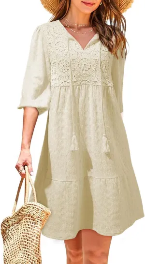 Dokotoo Womens Dresses Summer V Neck Drawstring Embroidered Half Sleeve Mini Dress Boho Dresses for Women 2025 Sundresses