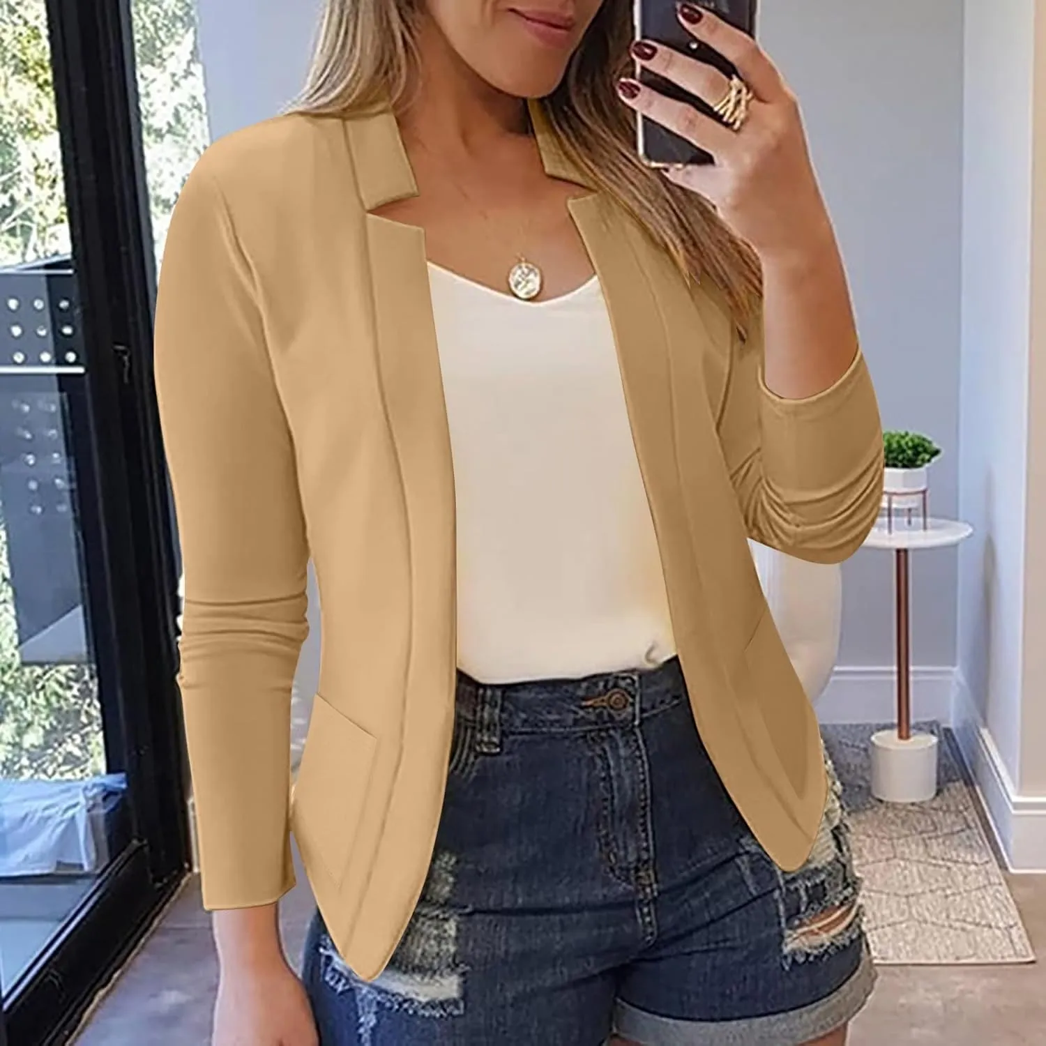 Dressy Open Front Blazer Jackets Notched Collar Long Sleeve Open Front Work Office Business Blazers with Pockets