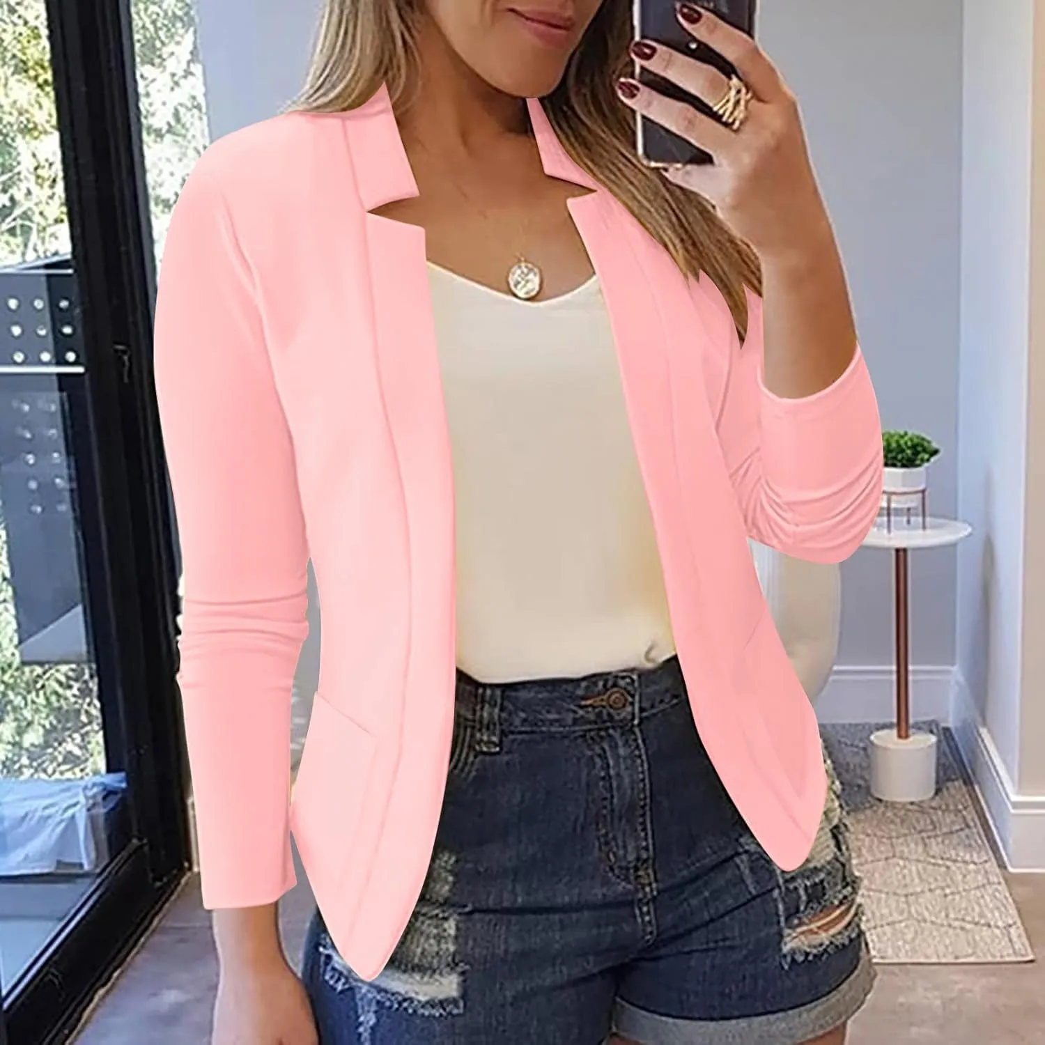 Dressy Open Front Blazer Jackets Notched Collar Long Sleeve Open Front Work Office Business Blazers with Pockets