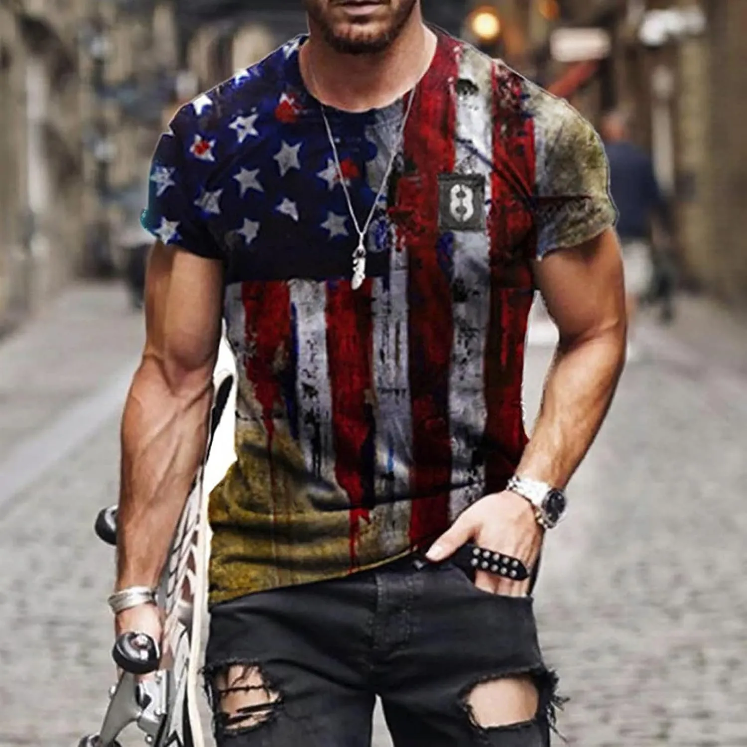 DuDubaby Mens Compression Shirt Men's Street Skull Muscle Short Sleeve Print Personality Fashion Fashion T Shirt