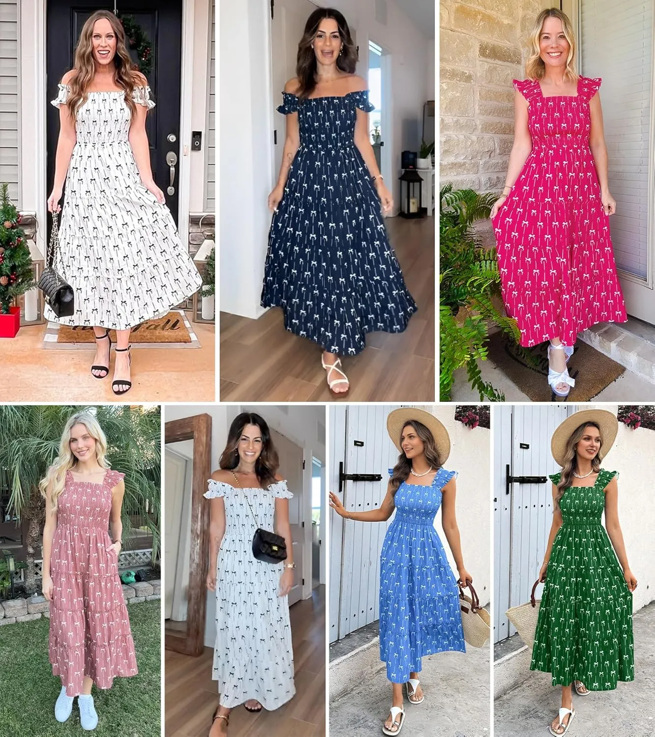 ECOWISH Women's 2025 Summer Maxi Dress Casual Sleeveless Square Neck Smocked Ruffle Bow Tiered Flowy A Line Beach Sundress