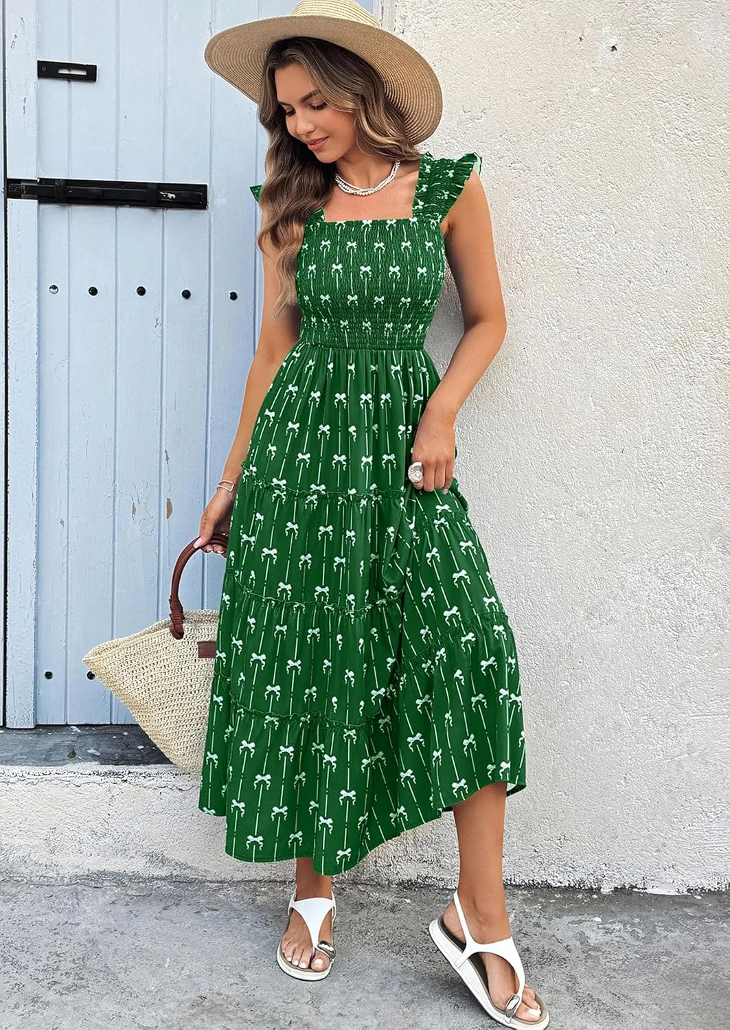 ECOWISH Women's 2025 Summer Maxi Dress Casual Sleeveless Square Neck Smocked Ruffle Bow Tiered Flowy A Line Beach Sundress