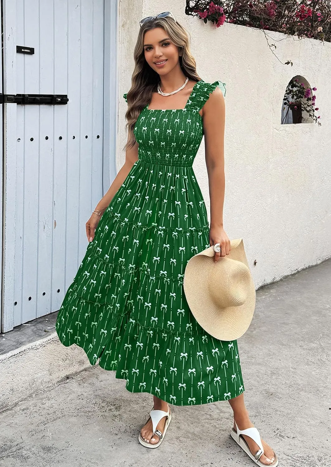 ECOWISH Women's 2025 Summer Maxi Dress Casual Sleeveless Square Neck Smocked Ruffle Bow Tiered Flowy A Line Beach Sundress