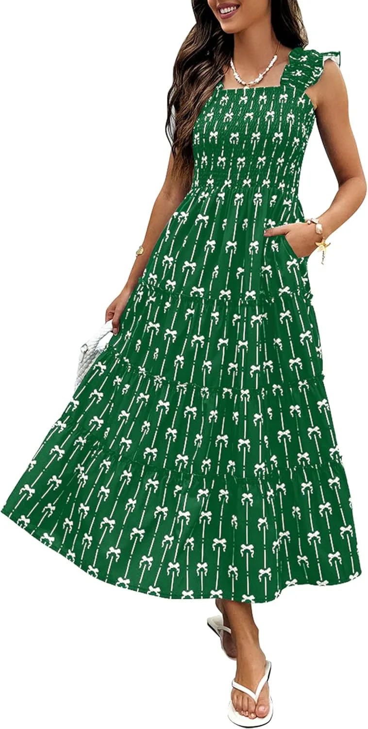 ECOWISH Women's 2025 Summer Maxi Dress Casual Sleeveless Square Neck Smocked Ruffle Bow Tiered Flowy A Line Beach Sundress