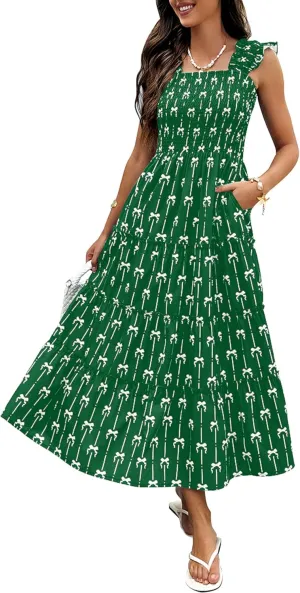 ECOWISH Women's 2025 Summer Maxi Dress Casual Sleeveless Square Neck Smocked Ruffle Bow Tiered Flowy A Line Beach Sundress