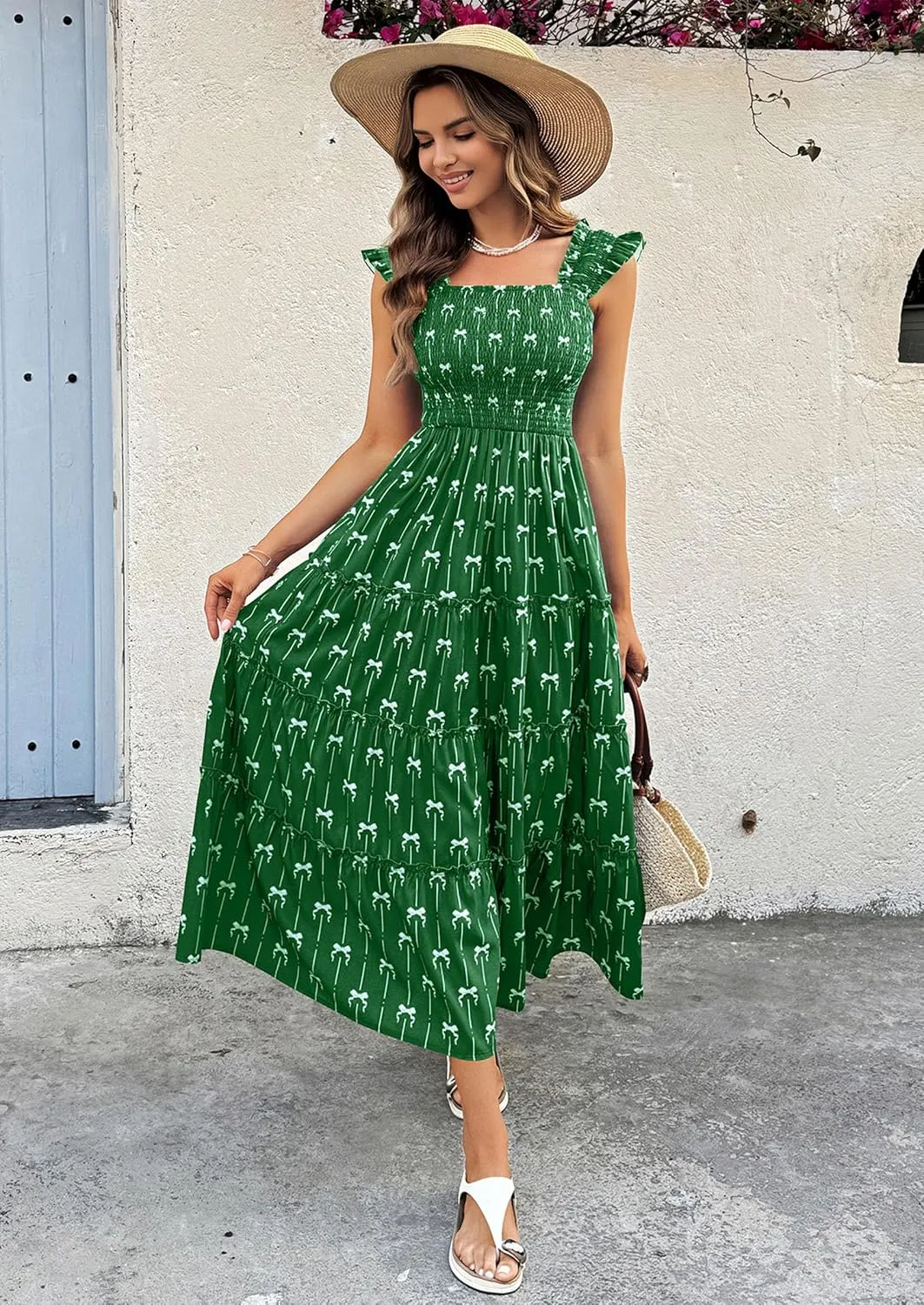 ECOWISH Women's 2025 Summer Maxi Dress Casual Sleeveless Square Neck Smocked Ruffle Bow Tiered Flowy A Line Beach Sundress