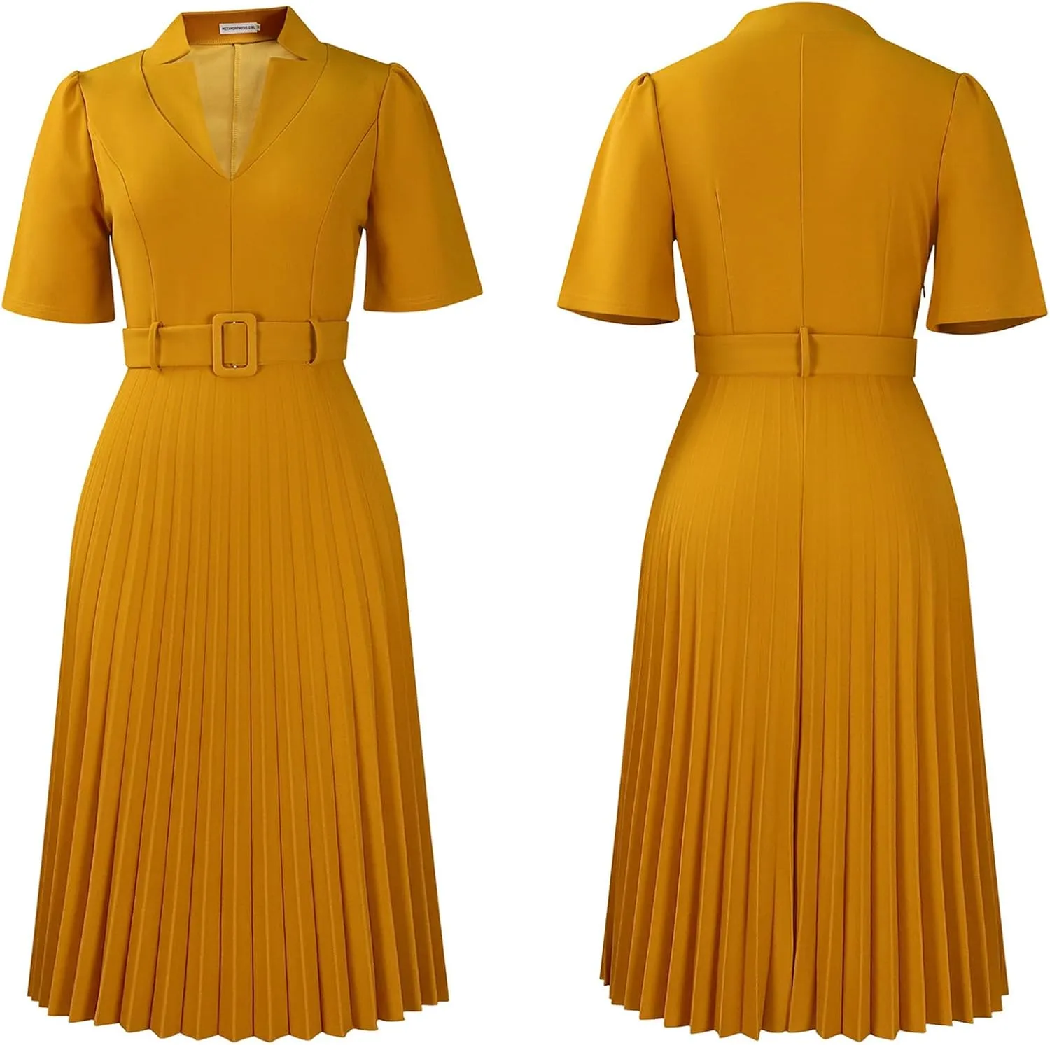 Ekaliy Women's V Neck Business Casual Shirt Dress for Women Short Sleeves Pleated Midi Dresses with Belt