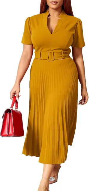 Ekaliy Women's V Neck Business Casual Shirt Dress for Women Short Sleeves Pleated Midi Dresses with Belt