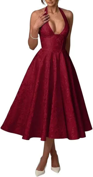 Embroidery Satin Midi Prom Dress Halter V Neck Formal Gowns A Line Tea Length Party Cocktial Dress