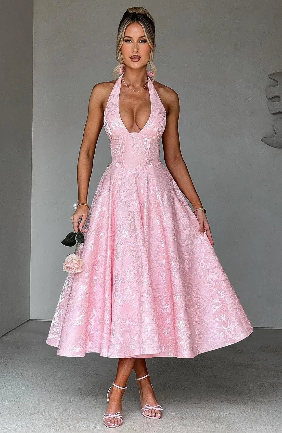 Embroidery Satin Midi Prom Dress Halter V Neck Formal Gowns A Line Tea Length Party Cocktial Dress