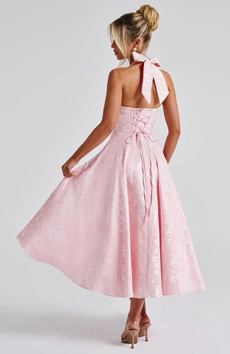 Embroidery Satin Midi Prom Dress Halter V Neck Formal Gowns A Line Tea Length Party Cocktial Dress