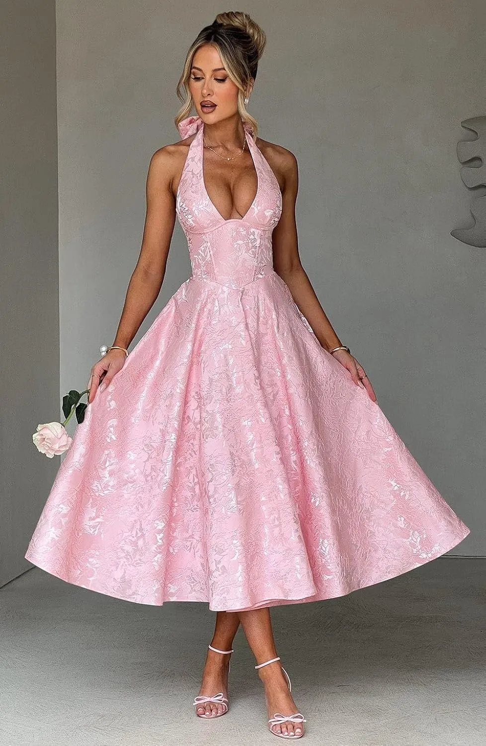 Embroidery Satin Midi Prom Dress Halter V Neck Formal Gowns A Line Tea Length Party Cocktial Dress
