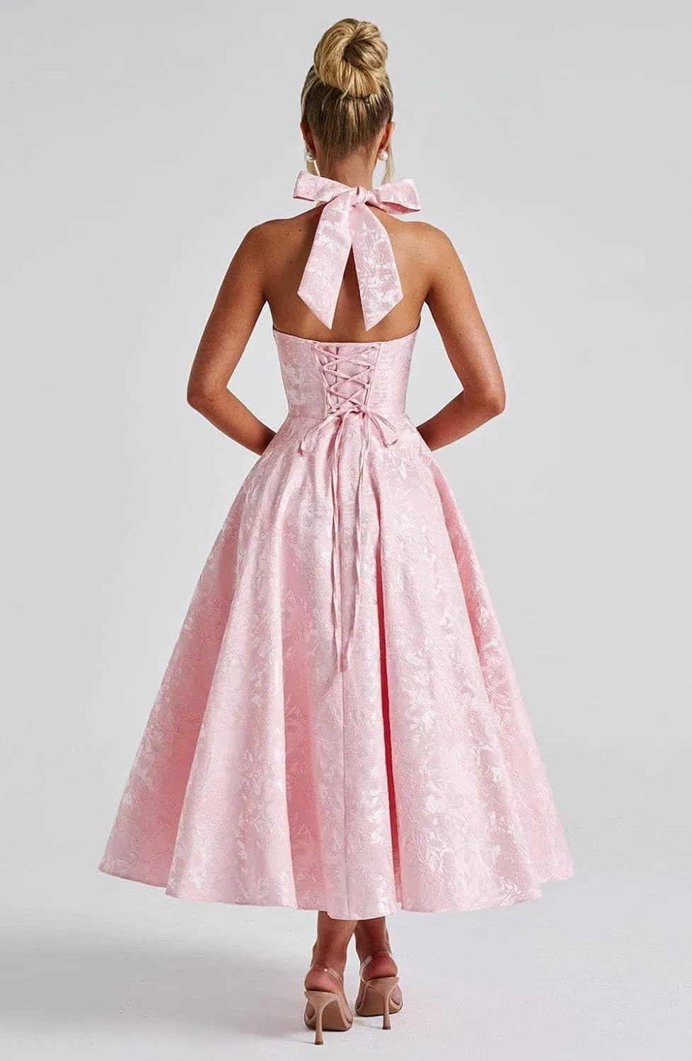 Embroidery Satin Midi Prom Dress Halter V Neck Formal Gowns A Line Tea Length Party Cocktial Dress