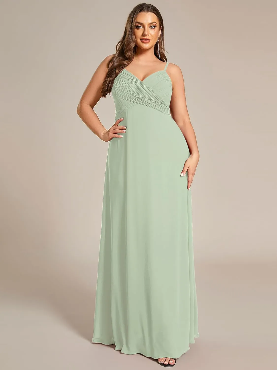 Ever-Pretty Plus Women's Summer Sexy Spaghetti Straps Cowl Back V Neck Ruched Plus Size Bridesmaid Dress