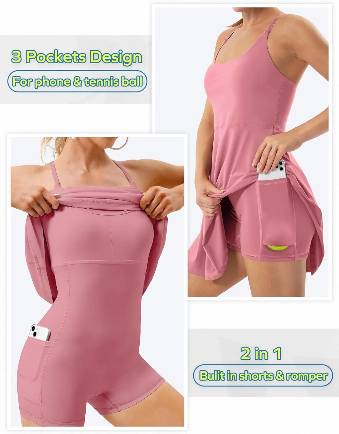 Ewedoos Tennis Dress Womens Athletic Dress Built in Shorts & Bra Adjustable Straps Workout Exercise Golf Summer Dress