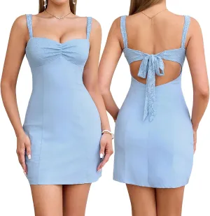 EYNMIN Women's Summer Lace Strap Mini Dress Sweetheart Neckline Bow Tie Backless A Line Short Graduation Dresses 2025