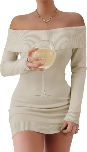 FAIRY SEASON Women's 2025 Off The Shoulder Sweater Mini Dress Long Sleeve Bodycon Cocktail Party Dresses