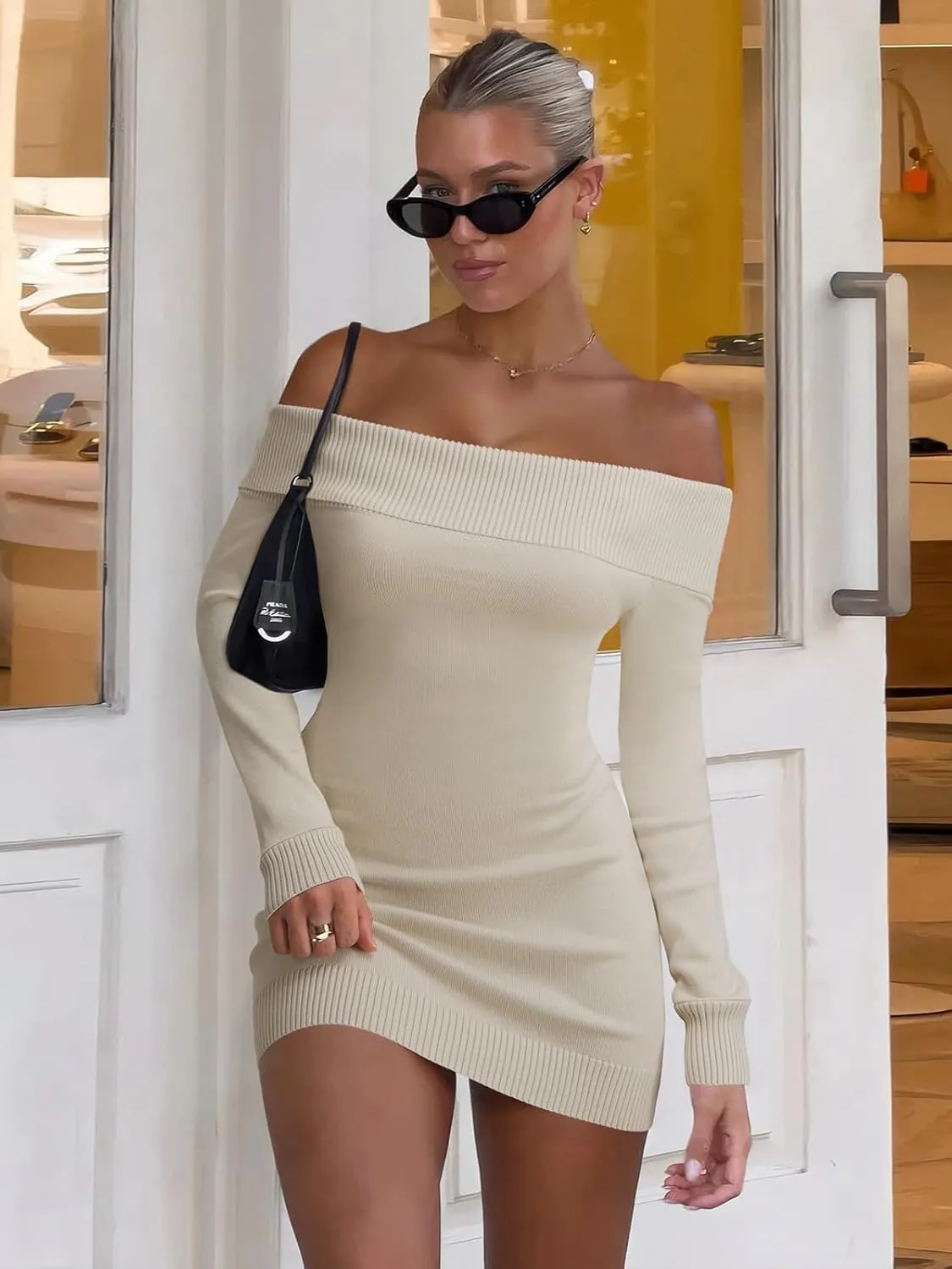 FAIRY SEASON Women's 2025 Off The Shoulder Sweater Mini Dress Long Sleeve Bodycon Cocktail Party Dresses