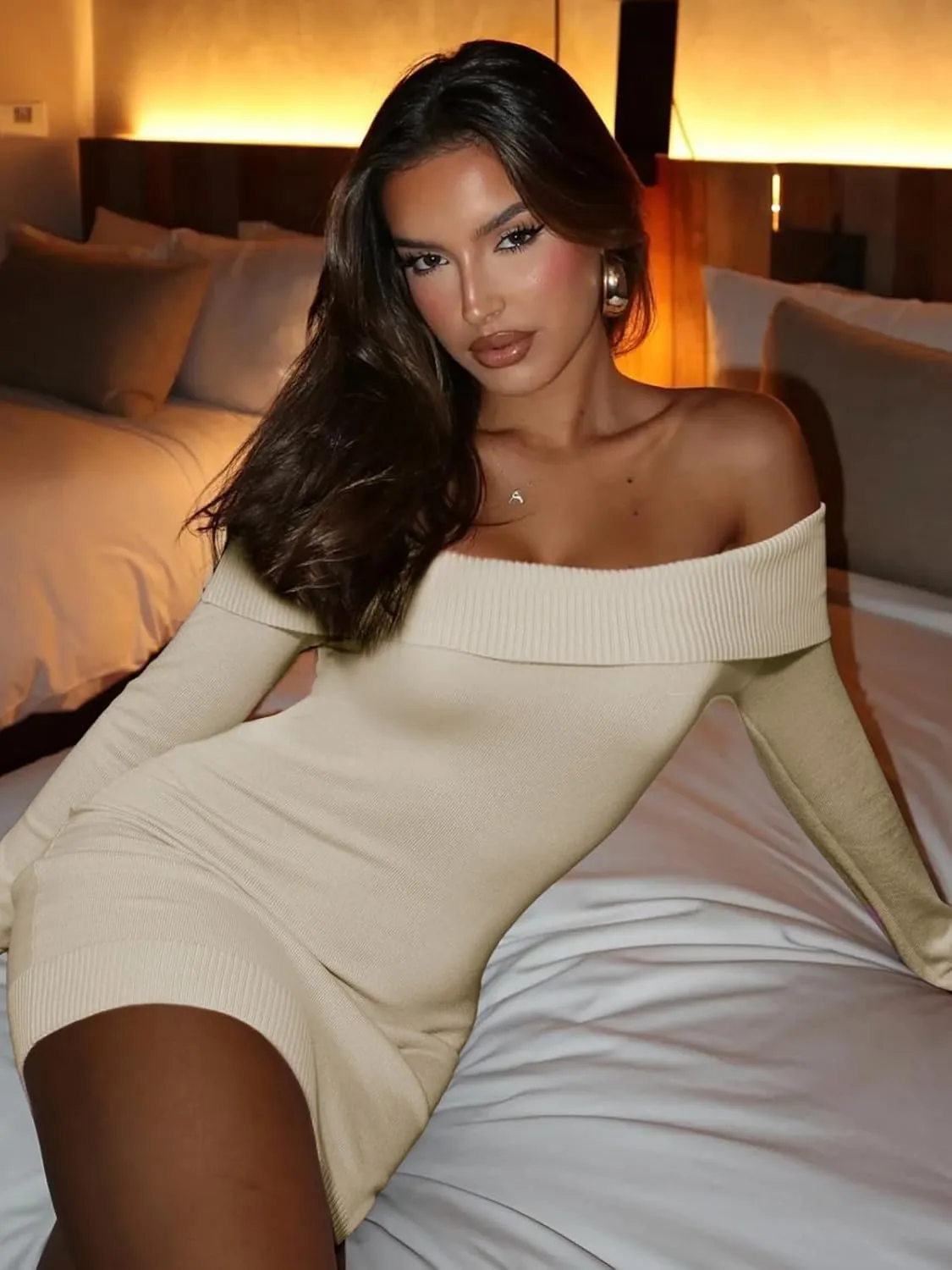FAIRY SEASON Women's 2025 Off The Shoulder Sweater Mini Dress Long Sleeve Bodycon Cocktail Party Dresses