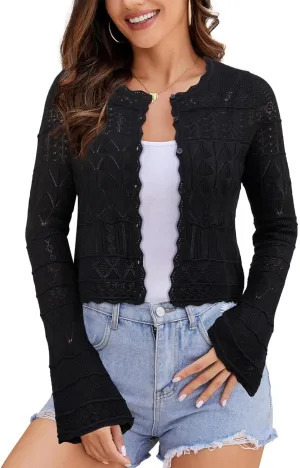 FAIRY SEASON Women's Cropped Cardigan Sweater Bell Long Sleeve Lightweight Crochet Button Down Casual Knit Bolero Shrugs 2025