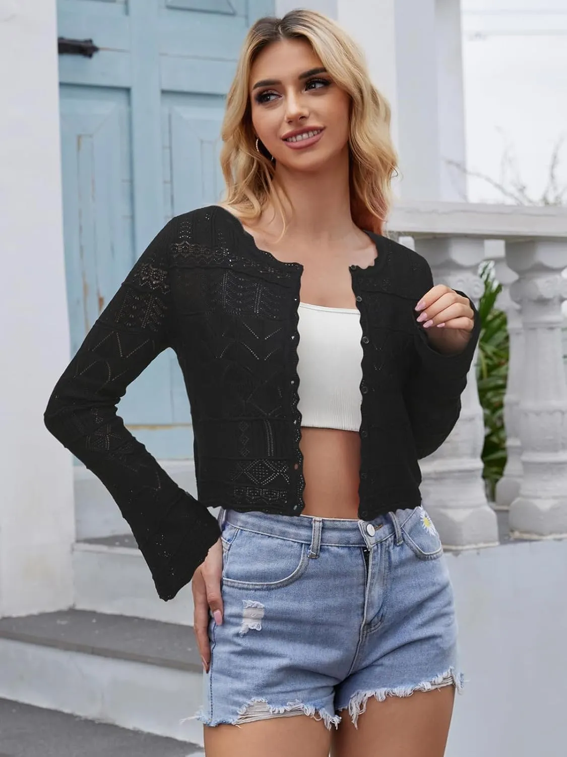FAIRY SEASON Women's Cropped Cardigan Sweater Bell Long Sleeve Lightweight Crochet Button Down Casual Knit Bolero Shrugs 2025