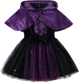 FANCYINN Little Girl Halloween Costume Witch Outfit Crazy Pretend Black Tulle Dress Up Deluxe Sets with Hat 1-13T