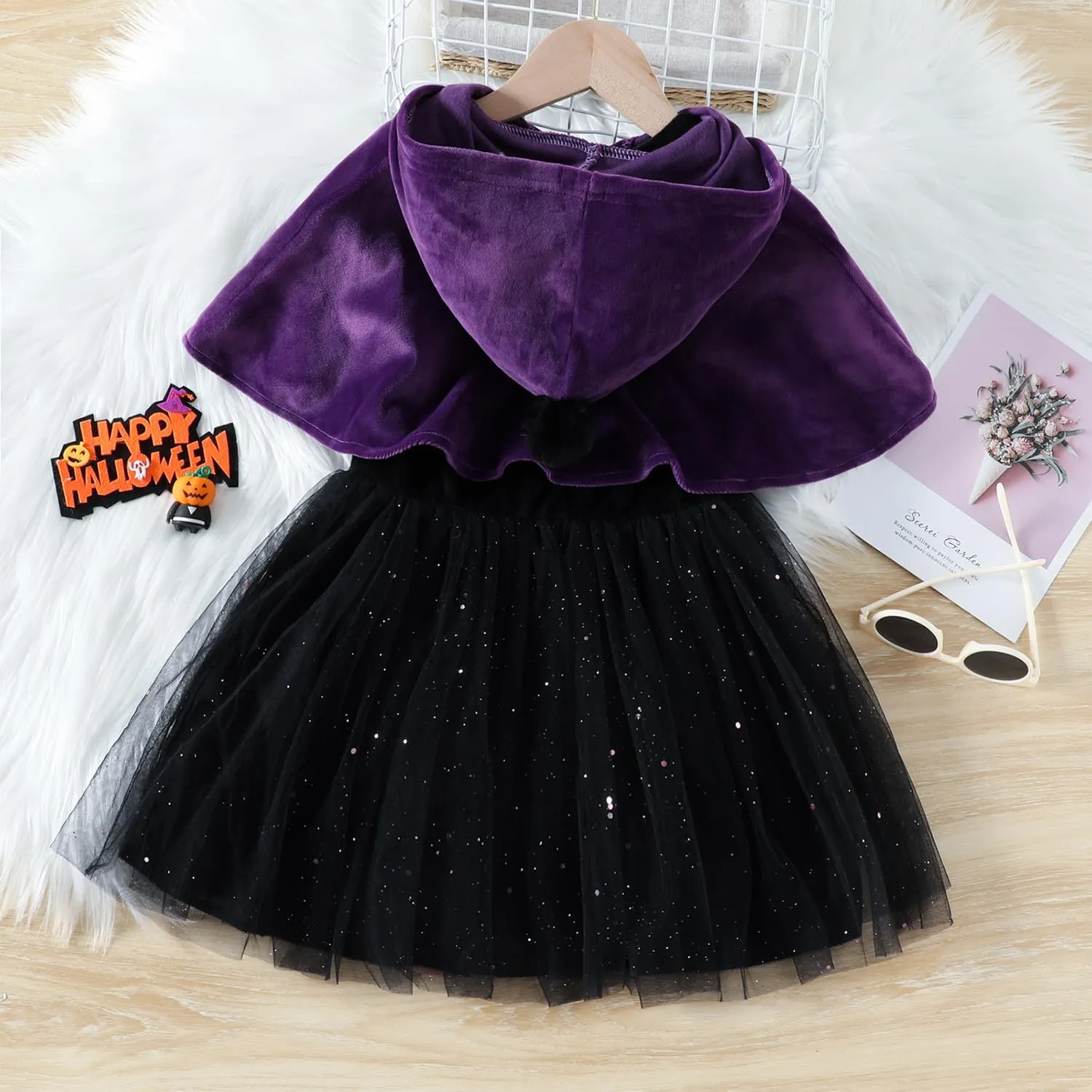 FANCYINN Little Girl Halloween Costume Witch Outfit Crazy Pretend Black Tulle Dress Up Deluxe Sets with Hat 1-13T