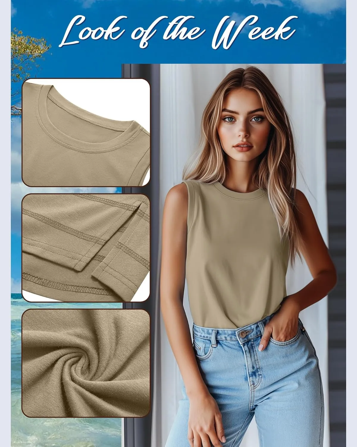 Ficerd 3 Pack Women's Tank Tops Sleeveless Crew Neck Summer T-Shirts Side Curved Hem Loose Casual Blouses