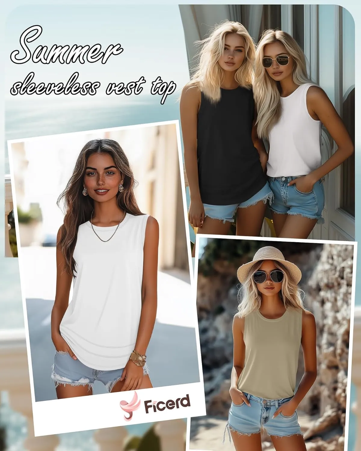 Ficerd 3 Pack Women's Tank Tops Sleeveless Crew Neck Summer T-Shirts Side Curved Hem Loose Casual Blouses