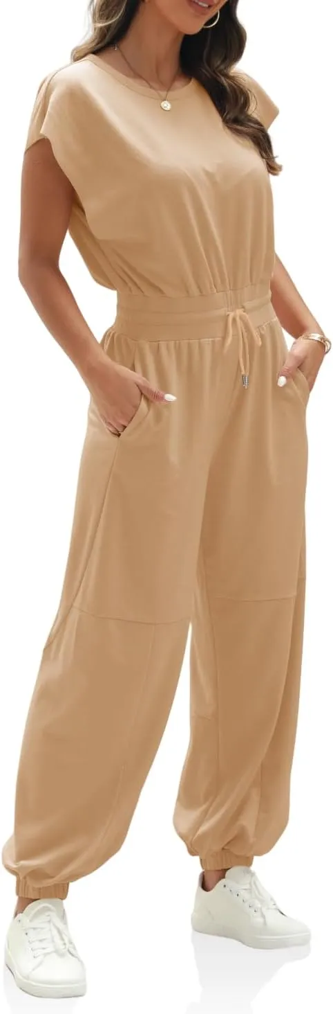 Fisoew Womens Oversized Sleeveless Loose Casual Crew Neck Jumpsuits Open Back Summer Long Pants Baggy Rompers with Pockets