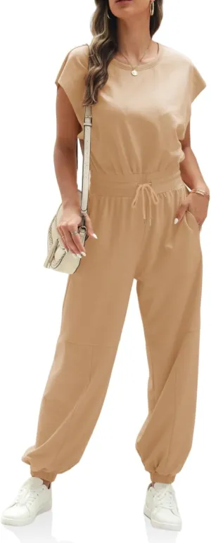 Fisoew Womens Oversized Sleeveless Loose Casual Crew Neck Jumpsuits Open Back Summer Long Pants Baggy Rompers with Pockets