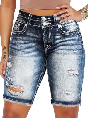 Flamingals Women's Jean Shorts Ripped Denim Shorts Mid Waist Casual Stretchy Shorts