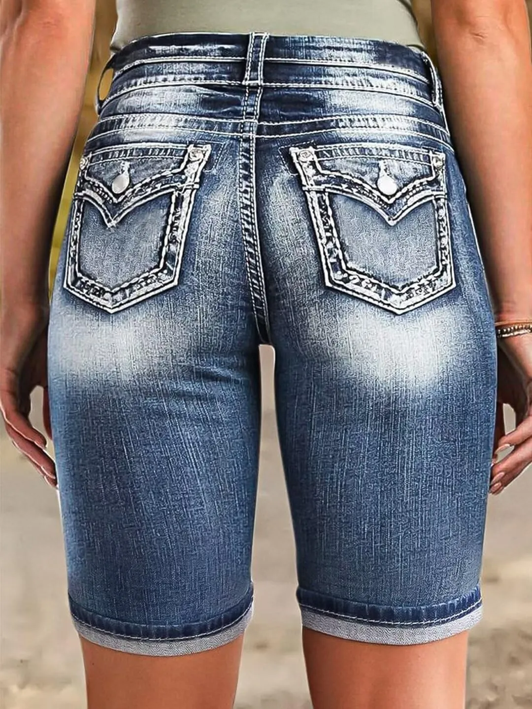 Flamingals Women's Jean Shorts Ripped Denim Shorts Mid Waist Casual Stretchy Shorts