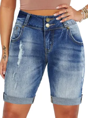Flamingals Women's Jean Shorts Ripped Denim Shorts Mid Waist Casual Stretchy Shorts