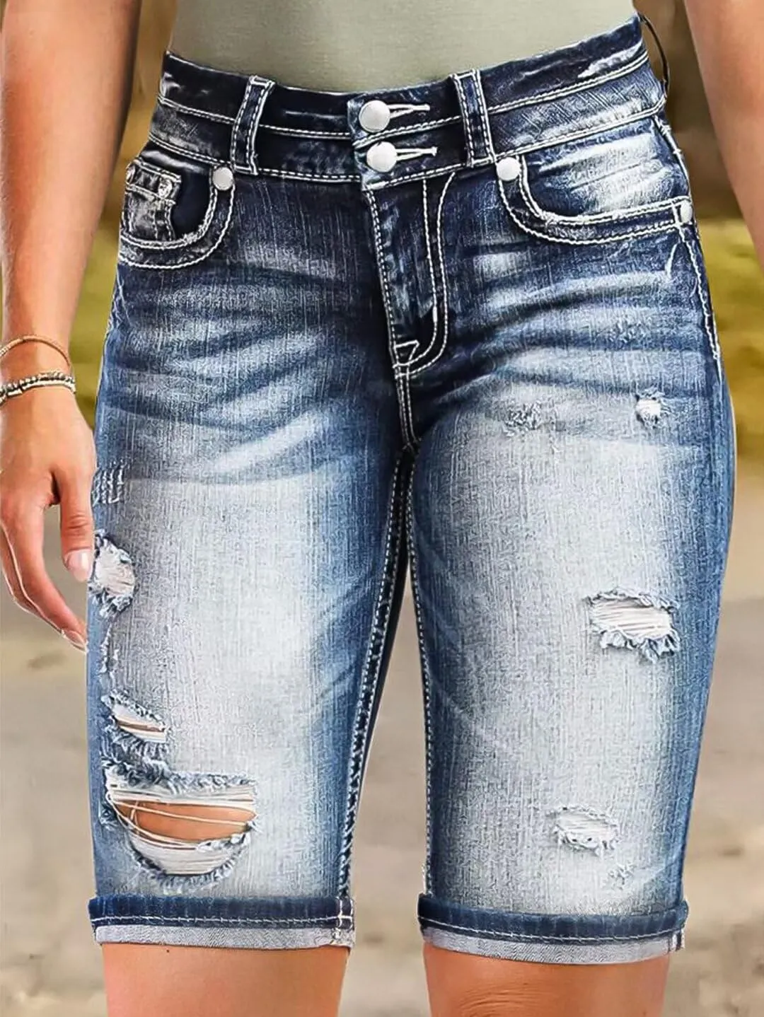 Flamingals Women's Jean Shorts Ripped Denim Shorts Mid Waist Casual Stretchy Shorts