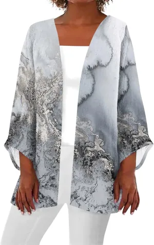 FlekmanArt Kimonos for Women Casual Print 3/4 Sleeve Open Front Cardigan Casual Loose Lightweight Trendy Flowy Dressy Jacket