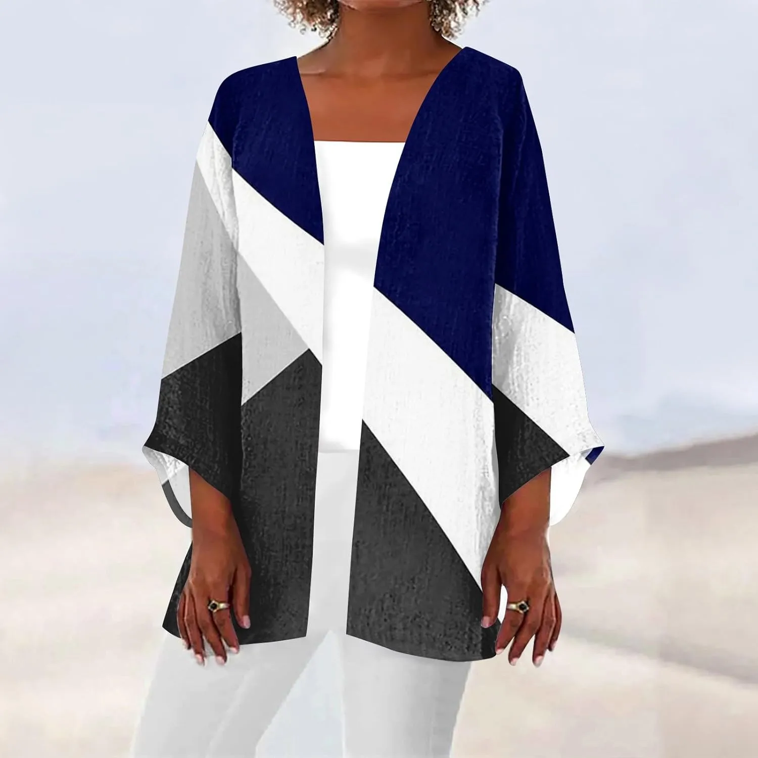 FlekmanArt Kimonos for Women Casual Print 3/4 Sleeve Open Front Cardigan Casual Loose Lightweight Trendy Flowy Dressy Jacket