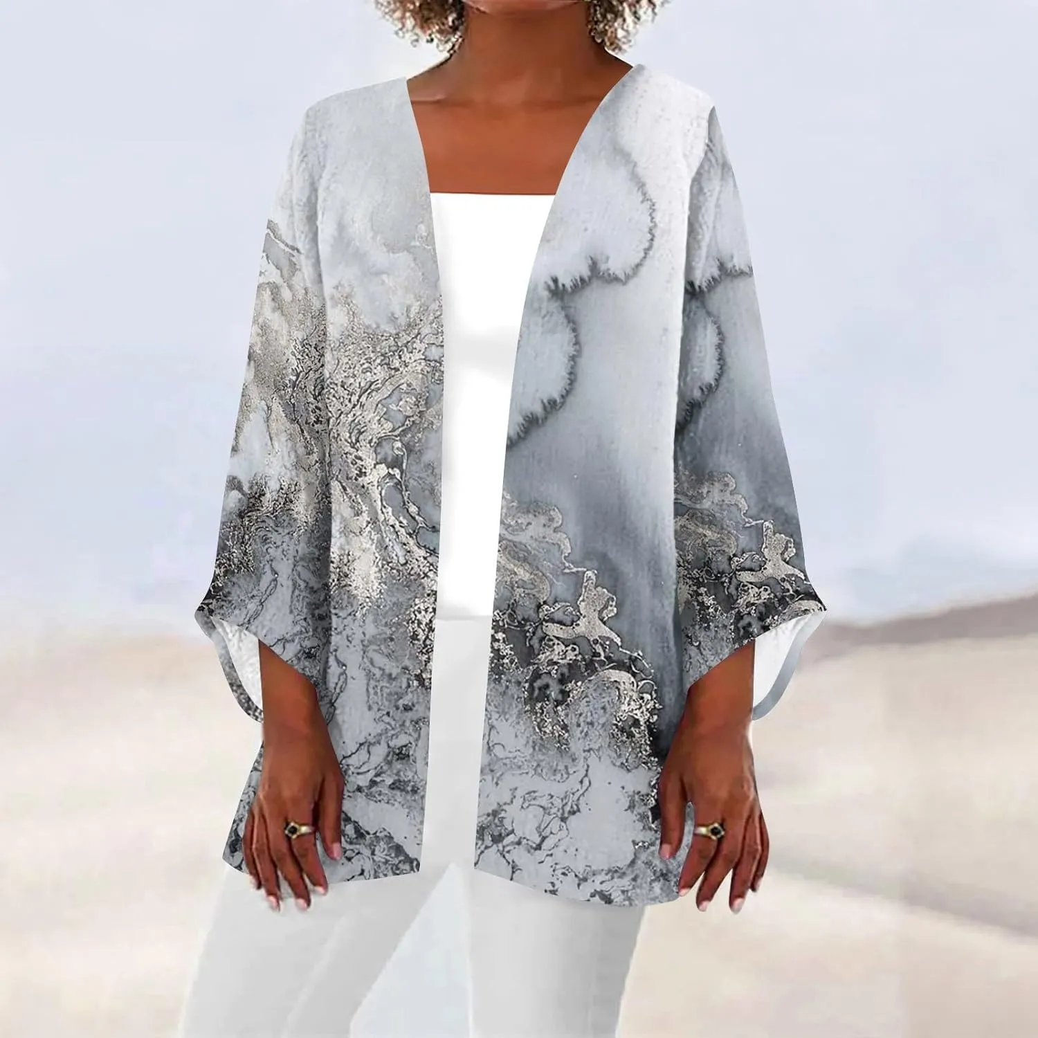 FlekmanArt Kimonos for Women Casual Print 3/4 Sleeve Open Front Cardigan Casual Loose Lightweight Trendy Flowy Dressy Jacket