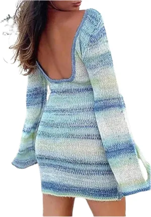 Floerns Women's Striped Knit Long Sleeve Dress Colorblock Backless Sweater Dress