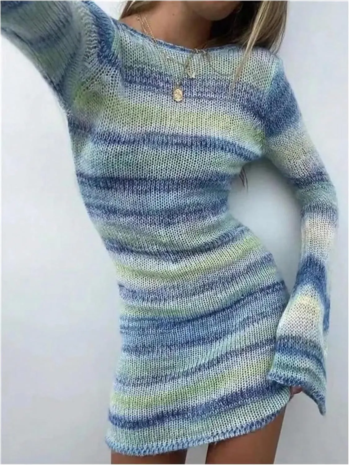Floerns Women's Striped Knit Long Sleeve Dress Colorblock Backless Sweater Dress