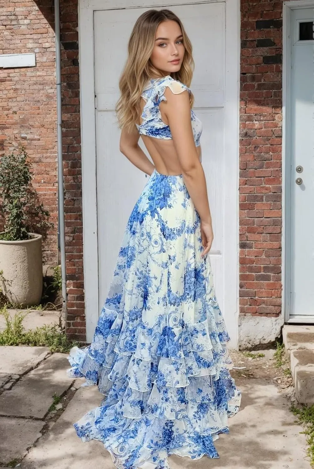 Floral Prom Dress 2025 V Neck Open Back A Line Ruffles Tiered Chiffon Cold Shoulder Criss-Cross Formal Gown with Slit