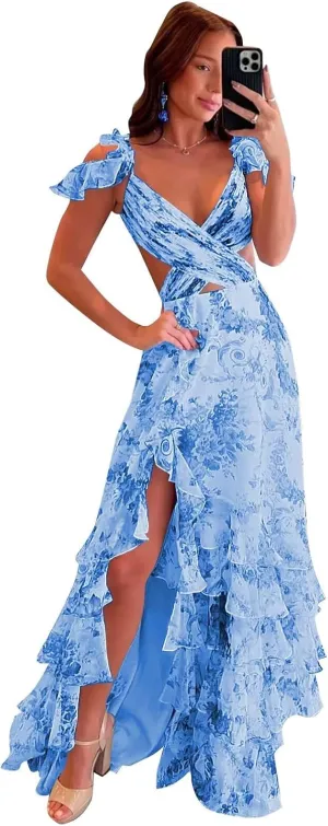 Floral Prom Dress 2025 V Neck Open Back A Line Ruffles Tiered Chiffon Cold Shoulder Criss-Cross Formal Gown with Slit