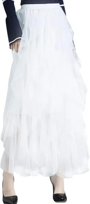 Flygo Women's Elastic Waist Tulle Ruffle Prom Party Layered Tiered Irregular Mesh Maxi Long Skirt